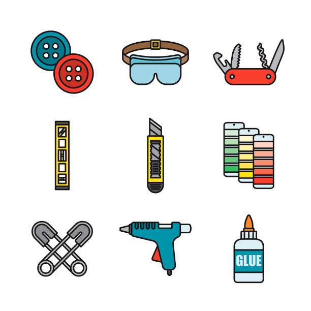 crafting supplies thin line icon set - scrapbooking office supply art and craft equipment scissors stock illustrations