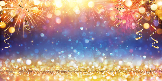Happy New Year With Glitter And Fireworks Golden Glitter And Fireworks For Celebration Background anniversary photos stock pictures, royalty-free photos & images