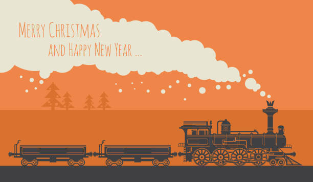Christmas card with a vintage steam train. Vector illustration