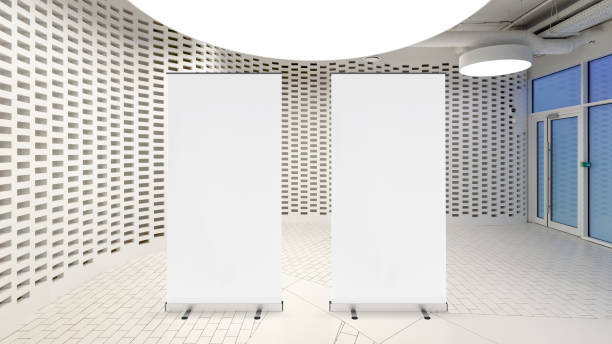 istock Blank roll up banner stand in contemporary office interior 1078168484