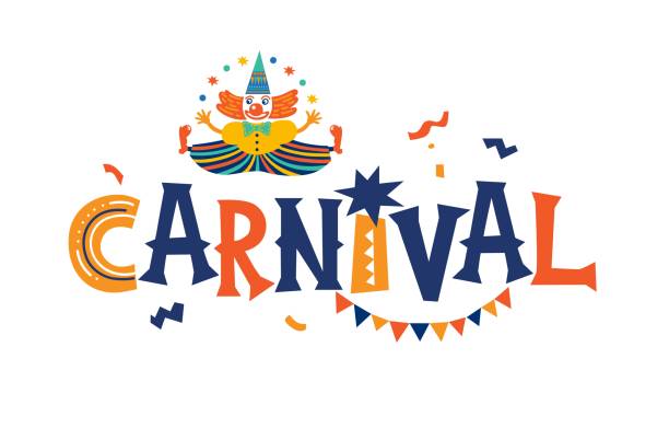 karneval-vektor-emblem, schild mit clowns, girlande abbildung im cartoon-stil auf weißem hintergrund. - schulfest stock-grafiken, -clipart, -cartoons und -symbole