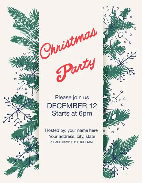 Vector illustration of Doodle Holiday Evergreens Holiday Party Template