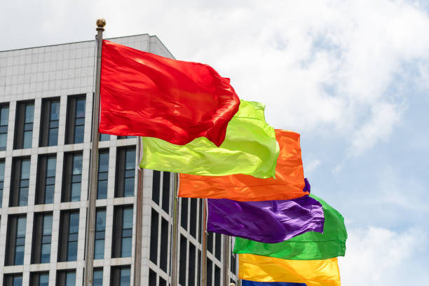 istock Bright coloured flags in front of buildings 1078174680