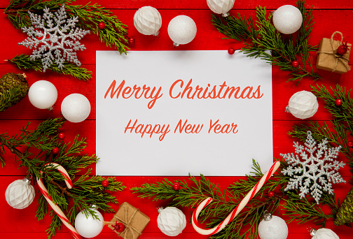 Merry christmas and happy new year text with ornament decoration