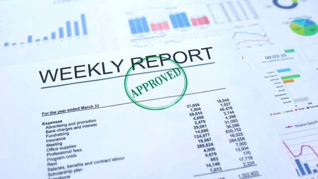 Weekly report approved, hand stamping seal on official document, statistics