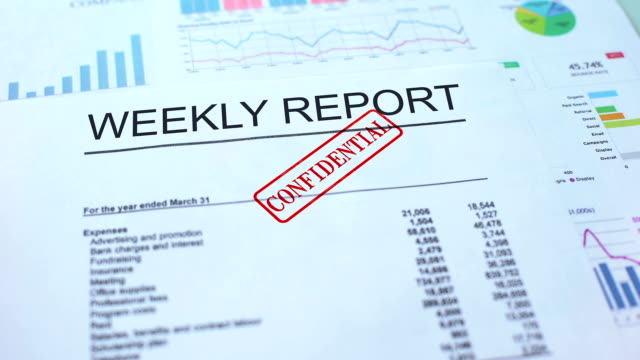 Weekly report confidential, hand stamping seal on official document, statistics