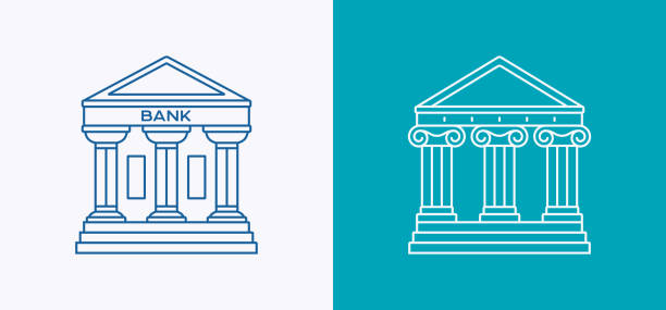 Bank Government Courthouse Architecture Line Icon Bank courthouse or public government building line drawing symbols and icons. bank financial building stock illustrations