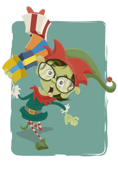 Vector illustration of The Rush Elf (Christmas presents)