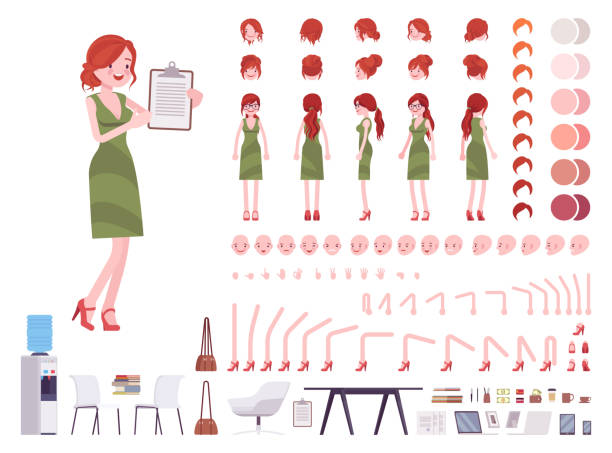 Female clerk character creation set Female clerk character creation set. Woman on administrative work, office employee. Full length, different views, emotions, gestures. Build your own design. Cartoon flat style infographic illustration file clerk stock illustrations