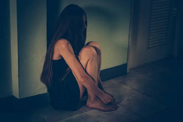 Woman victim. harassment, depression, drug addiction, human trafficking. PTSD post-traumatic stress