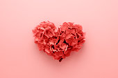 Living Coral color of the Year 2019 Heart shape made of flowers.