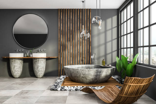 istock Gray loft bathroom interior, armchair 1078205444