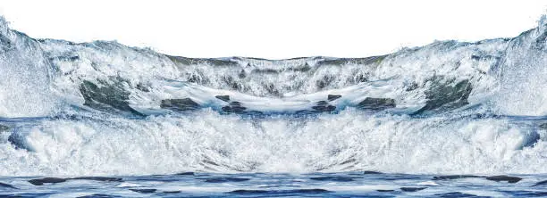 Panorama of the sea wave oncoming shore rolling with foam isolated on white background rolling with foam