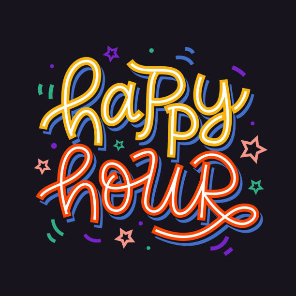 ilustraciones, imágenes clip art, dibujos animados e iconos de stock de signo de divisa de happy hour. mano escrita coloridas letras creativas - hora feliz