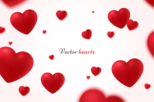 Falling red hearts isolated on white background. Symbol of love. Vector illustration with beauty 3d hearts. Applicable for design of wedding greeting cards and St. Valentine's Day. Eps 10