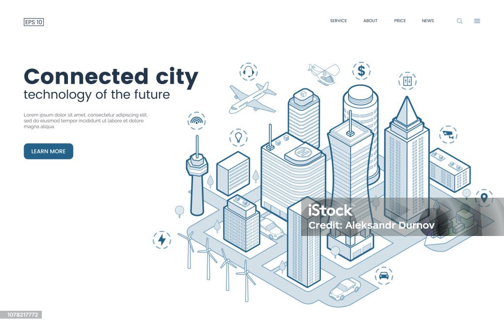 Smart city isometric thin line illustration. Intelligence buildings. Streets of the city connected to computer network. Urban infrastructure. Business center with skyscrapers. Vector eps 10. Isometric Projection stock vector