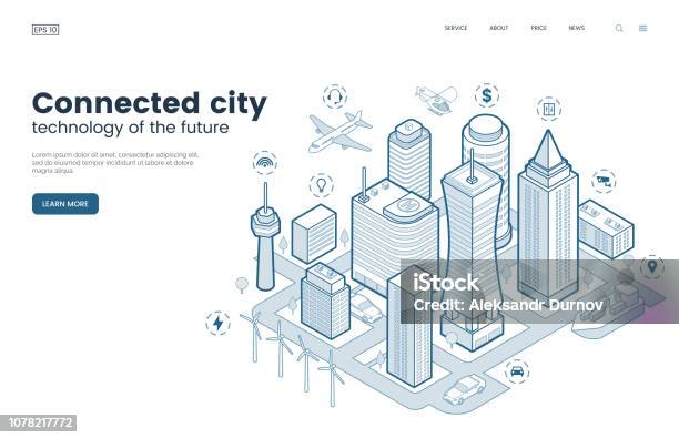 Smart City Isometric Thin Line Illustration Intelligence Buildings Streets Of The City Connected To Computer Network Urban Infrastructure Business Center With Skyscrapers Vector Eps 10 Stock Illustration - Download Image Now