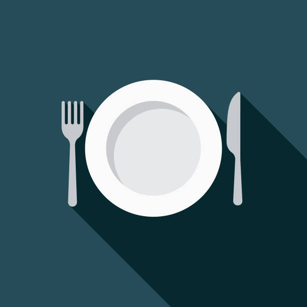 diät gewicht-verlust-flachen design-ikone - plate silverware fork table knife stock-grafiken, -clipart, -cartoons und -symbole