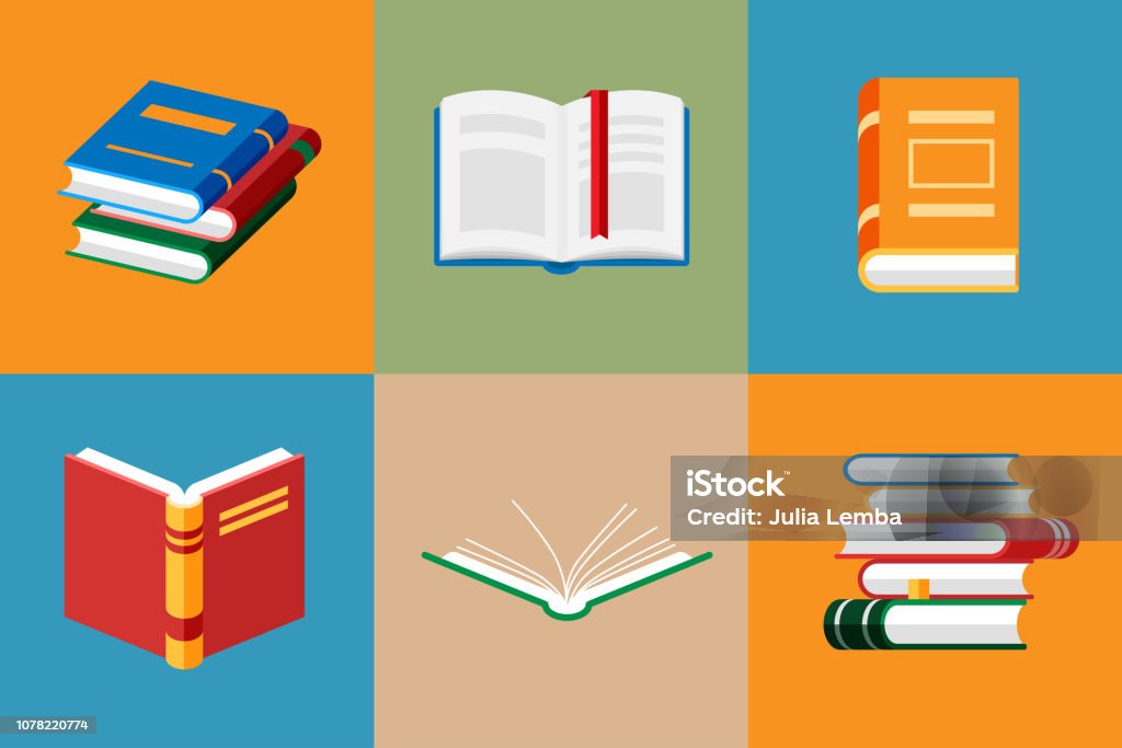 Set of book icons in flat style isolated. Set of book icons in flat style isolated. Opened notebook and diary with color bookmarks. Stack of literature and documents. Publication, study, learning concept. Book stock vector