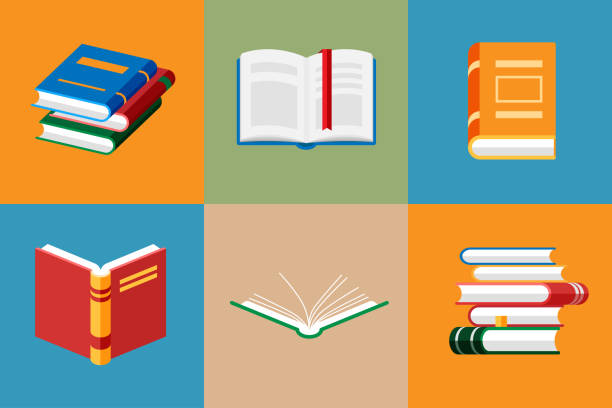 Set of book icons in flat style isolated. Set of book icons in flat style isolated. Opened notebook and diary with color bookmarks. Stack of literature and documents. Publication, study, learning concept. textbook stock illustrations