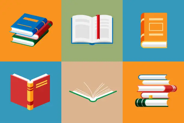 Vector illustration of Set of book icons in flat style isolated.