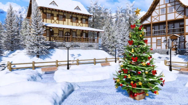 istock Christmas tree on snowy european village square 1078220948