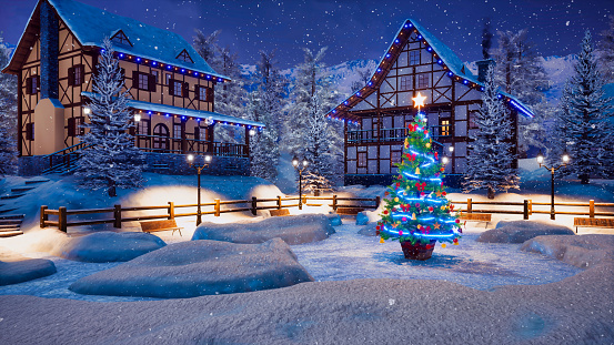 Magical Christmas night in cozy alpine village high in snowy mountains with half-timbered houses and illuminated Xmas tree on snowbound square at snowfall. 3D illustration from my 3D rendering file.