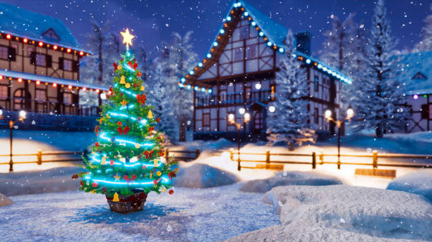 istock Christmas tree on night rural landscape background 1078221064