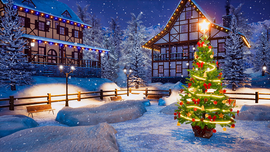Outdoor Christmas tree decorated by Xmas lights garland on empty snowbound square of cozy alpine mountain township at snowy winter night. With no people 3D illustration from my 3D rendering file.