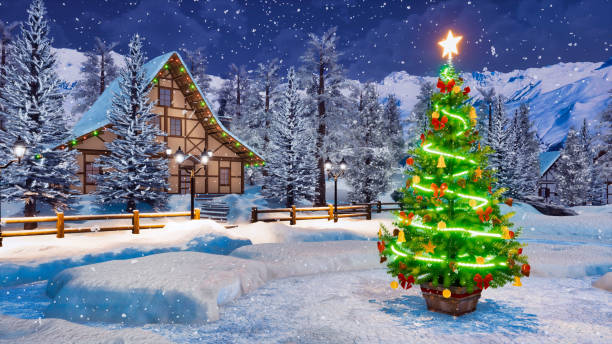 istock Decorated Christmas tree at snowfall winter night 1078221108