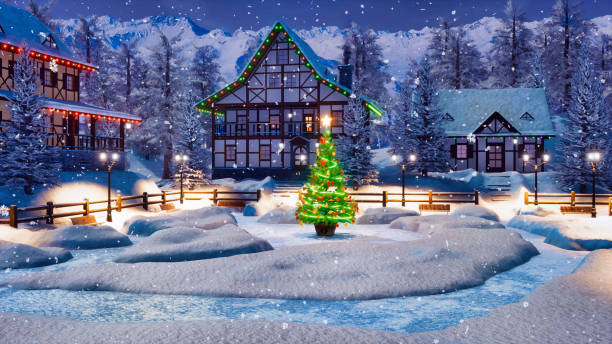 istock Snowy alpine mountain village at Christmas night 1078221128