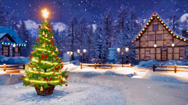 istock Christmas tree in alpine village at snowfall night 1078221256
