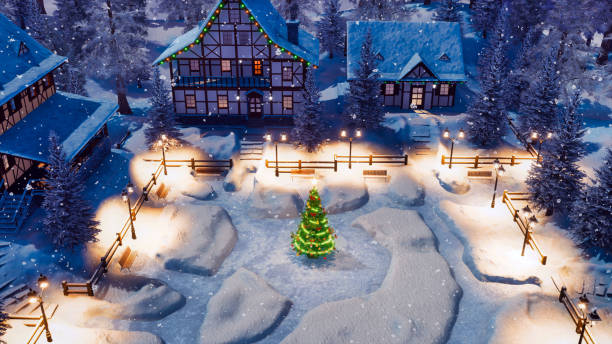 istock Snow covered village at Christmas night top view 1078221340
