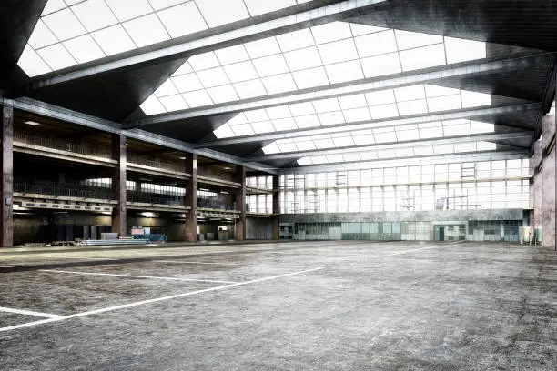 Empty storehouse interior iluminated by spotlights and natural light from roof windows. 3D rendered image.