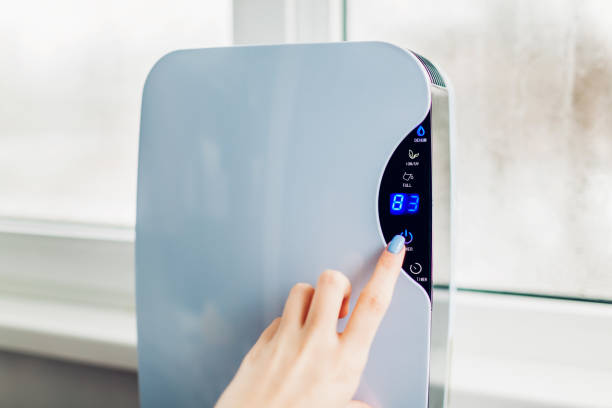 istock Woman turns dehumidifier on using touch panel by wet window. Humidity indicator shows high level of dampness in flat 1078226646