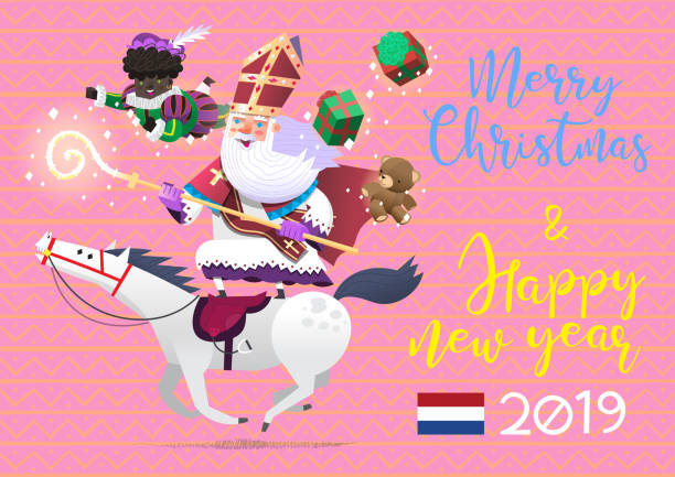 stockillustraties, clipart, cartoons en iconen met saint-nicolas berijden van een paard, brengen presenteert aan kinderen bij sinterklaas - traditionele wintervakantie in nederland. - sinterklaas cadeau