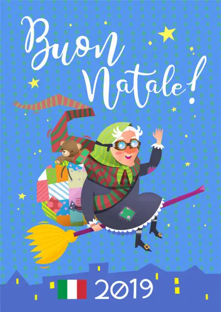 Vector illustration of Befana - traditional Italian character, who brings presents at Epiphany