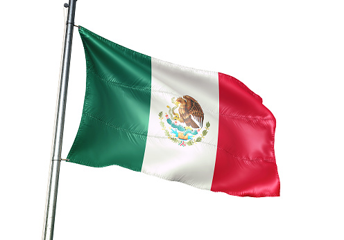 Mexico, mexican flag on flagpole waving isolated on white background realistic 3d illustration