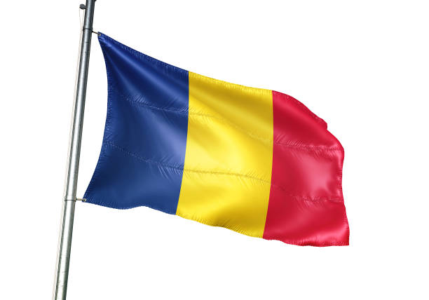 Romania, romanian flag on flagpole waving isolated on white background realistic 3d illustration