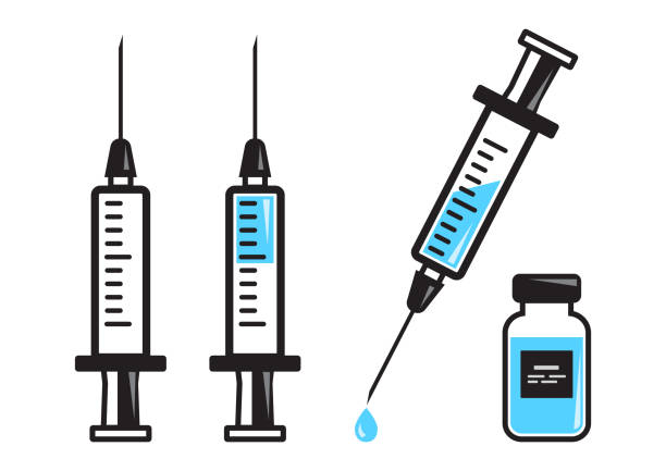用藍色疫苗注射注射器的一套, 小瓶的藥物。向量例證 - 注射疫苗 插圖 幅插畫檔、美工圖案、卡通及圖標