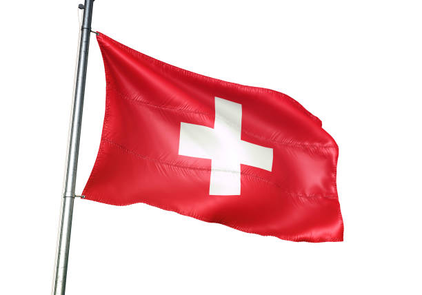 Switzerland, swiss flag on flagpole waving isolated on white background realistic 3d illustration