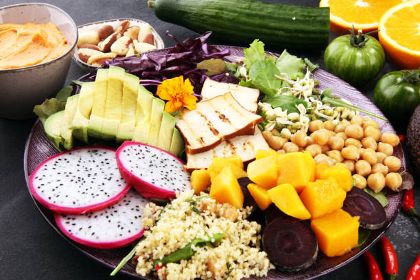 istock grilled tofu and dragon fruit buddha bowl with vegetable and humus 1078232012