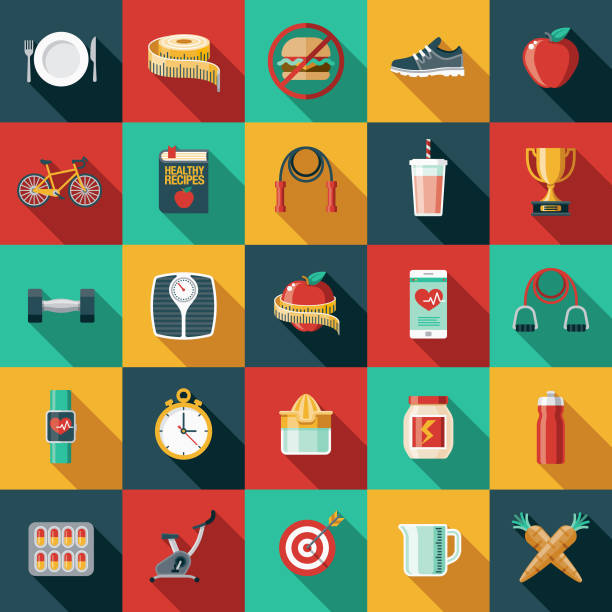 Weight Loss Flat Design Icon Set A flat design styled icon set with a long side shadow. Color swatches are global so it’s easy to edit and change the colors. lifestyle icons stock illustrations