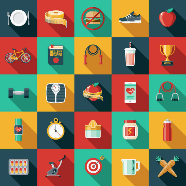 Weight Loss Flat Design Icon Set A flat design styled icon set with a long side shadow. Color swatches are global so it’s easy to edit and change the colors. fasting activity stock illustrations