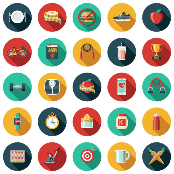 Weight Loss Flat Design Icon Set A flat design styled icon set with a long side shadow. Color swatches are global so it’s easy to edit and change the colors. diet pills stock illustrations