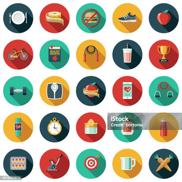 Weight Loss Flat Design Icon Set Stock Illustration - Download Image Now - Healthy Lifestyle, Exercising, Icon Symbol