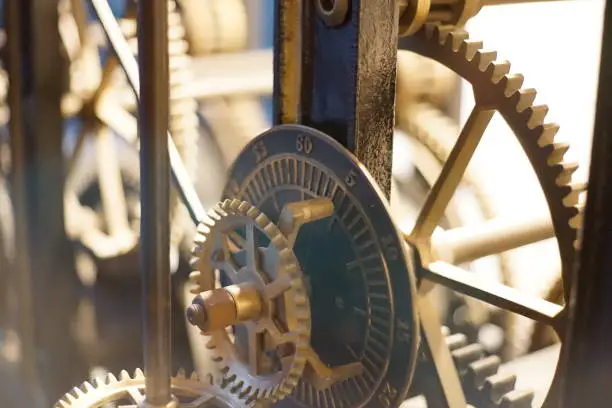 Detail of an old big rusty ancient church clock mechanism, Clockwork