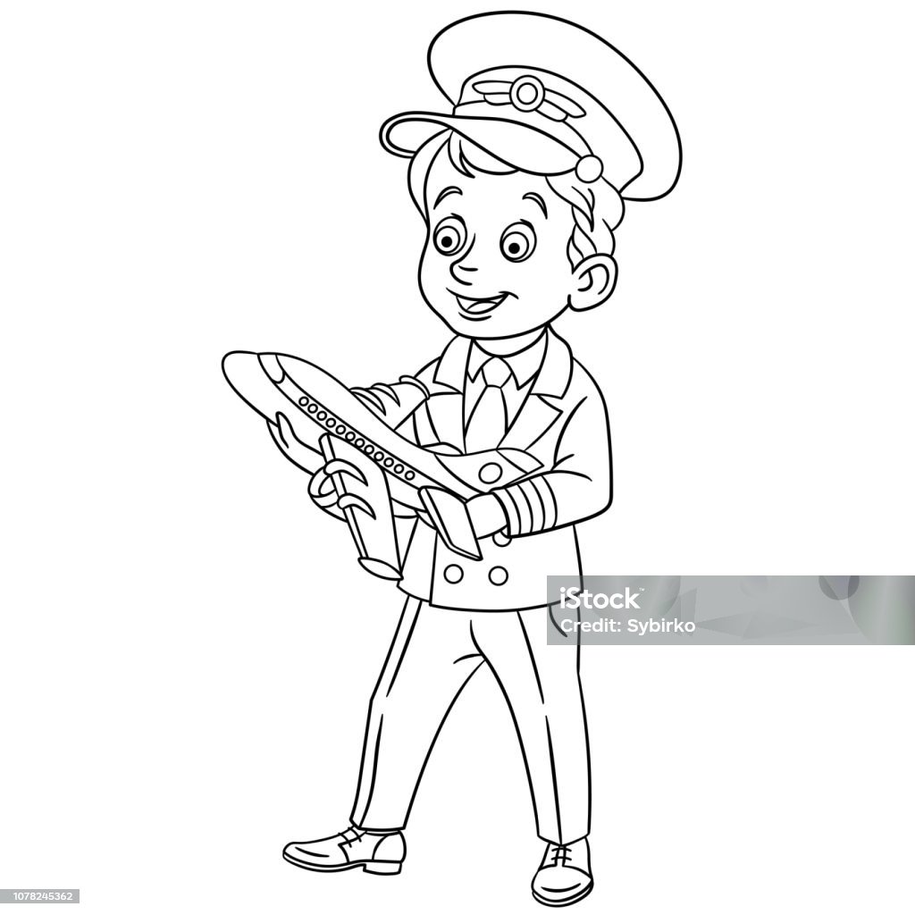 Coloring page with happy pilot with little model of airplane Coloring page. Cartoon pilot with airplane model. Coloring book design for kids. Coloring Book Page - Illlustration Technique stock vector