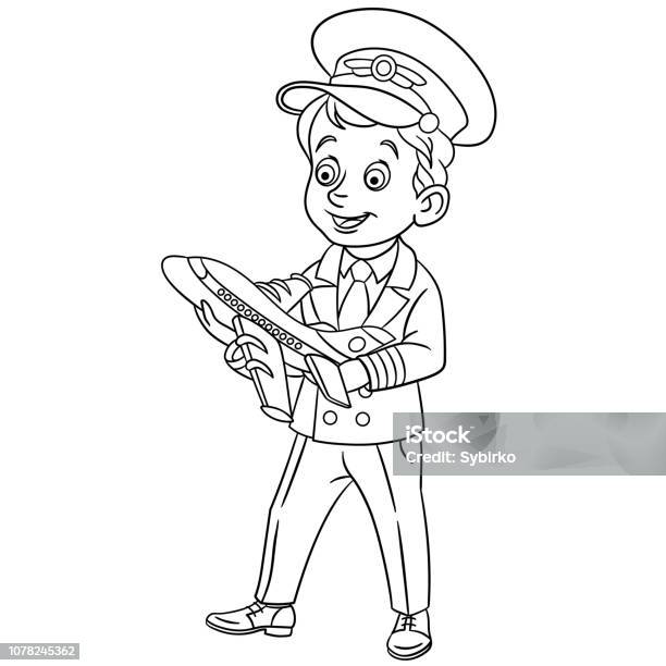 Coloring Page With Happy Pilot With Little Model Of Airplane Stock Illustration - Download Image Now