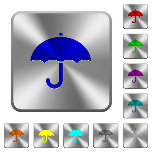 Umbrella rounded square steel buttons Umbrella engraved icons on rounded square glossy steel buttons aegis stock illustrations